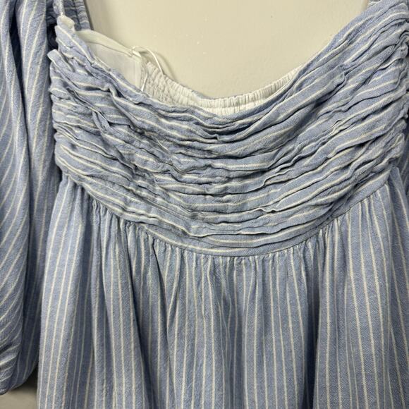 Abercrombie & Fitch Emerson Mini Dress Size Medium Tall Blue Striped Linen Short - Picture 6 of 11